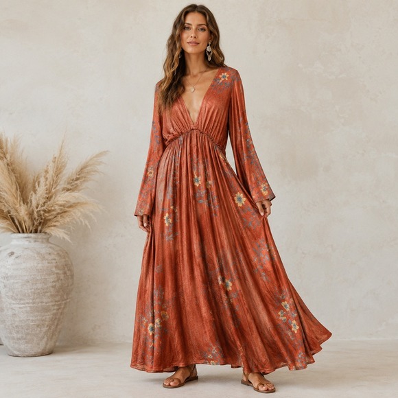 Bonne Journée Dresses & Skirts - Bonne Journee Rust Velvet Floral Maxi Dress Boho Bell Sleeve V-Neck Size 2 M / L